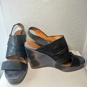 Coclico Black Leather Ruched Wedge Slingback Sandals Women's 9.5